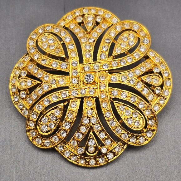 VTG Gold-Tone Floral Brooch & Clip-On Earrings Set w/ Clear Rhinestones Lot of 2 - Picture 2 of 8